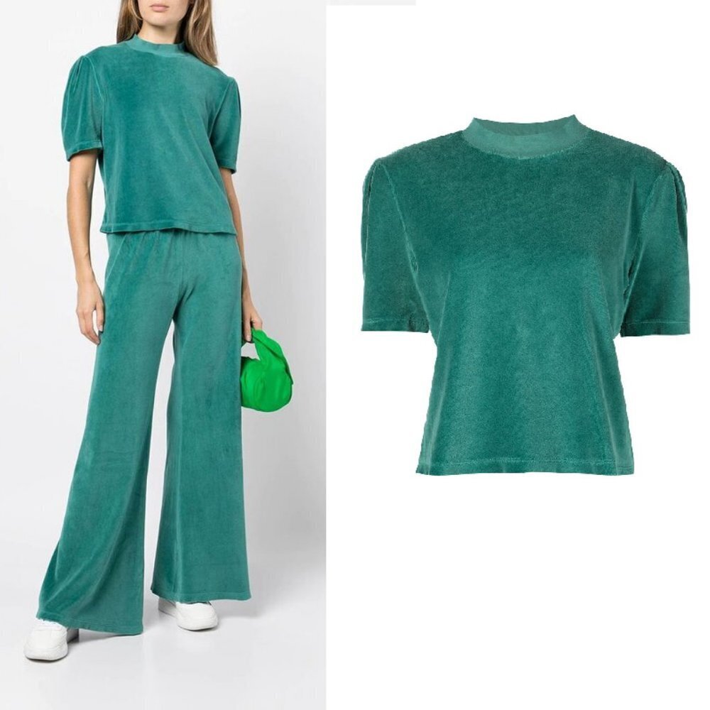 Suzie Kondi Short Sleeve Puff Shoulder Velour Top in Spruce Small